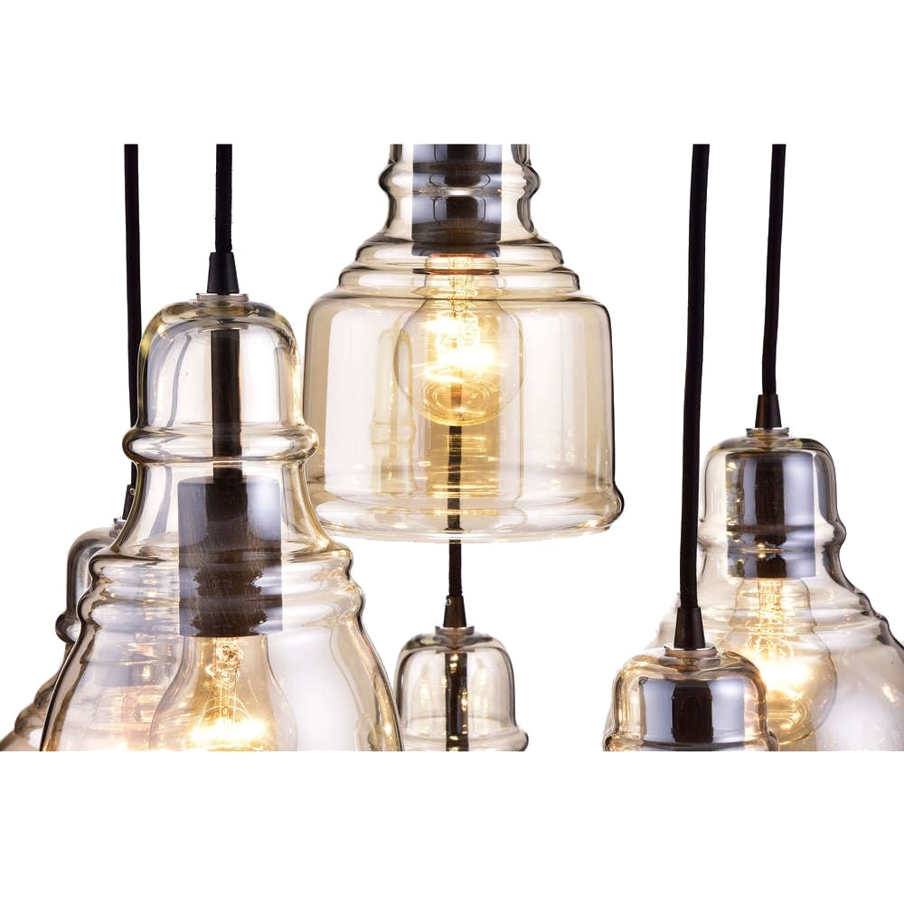 Suspension à 6 lumières Mariana en verre Cognac, noir antique et base ronde