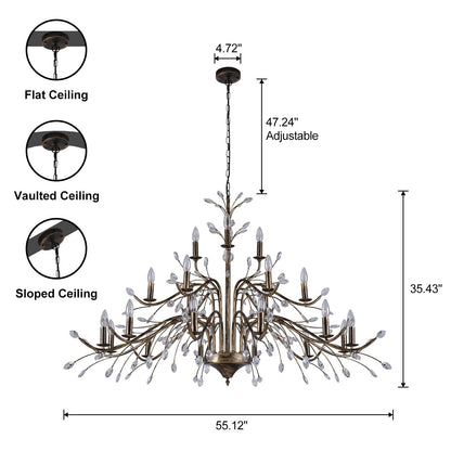 Luminaire suspendu en forme de branche d'arbre rétro style ferme avec lustre en cristal et bougie.