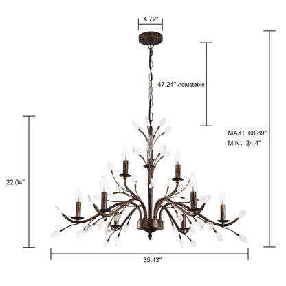 Luminaire suspendu en forme de branche d'arbre rétro style ferme avec lustre en cristal et bougie.