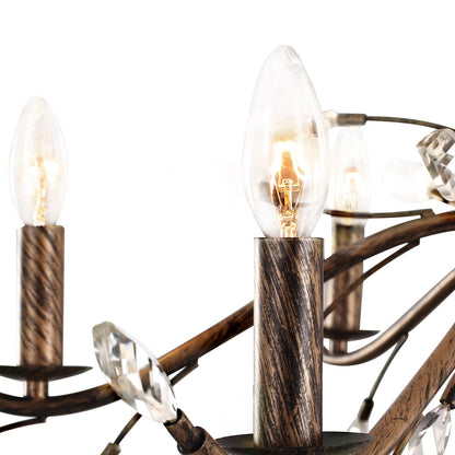 Luminaire suspendu en forme de branche d'arbre rétro style ferme avec lustre en cristal et bougie.