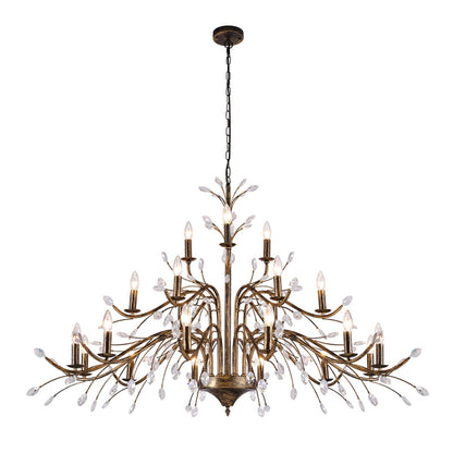Luminaire suspendu en forme de branche d'arbre rétro style ferme avec lustre en cristal et bougie.