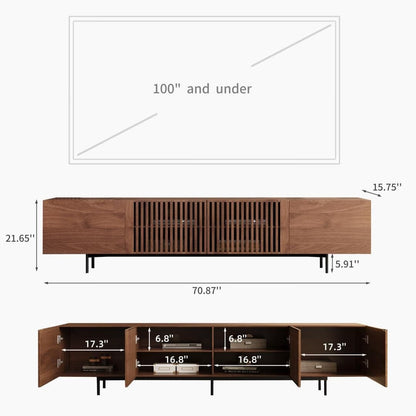 Meuble TV style Mid-Century Modern avec 4 portes et rangements, compatible avec les télévisions jusqu'à 100 pouces, meuble de salon pour système multimédia.