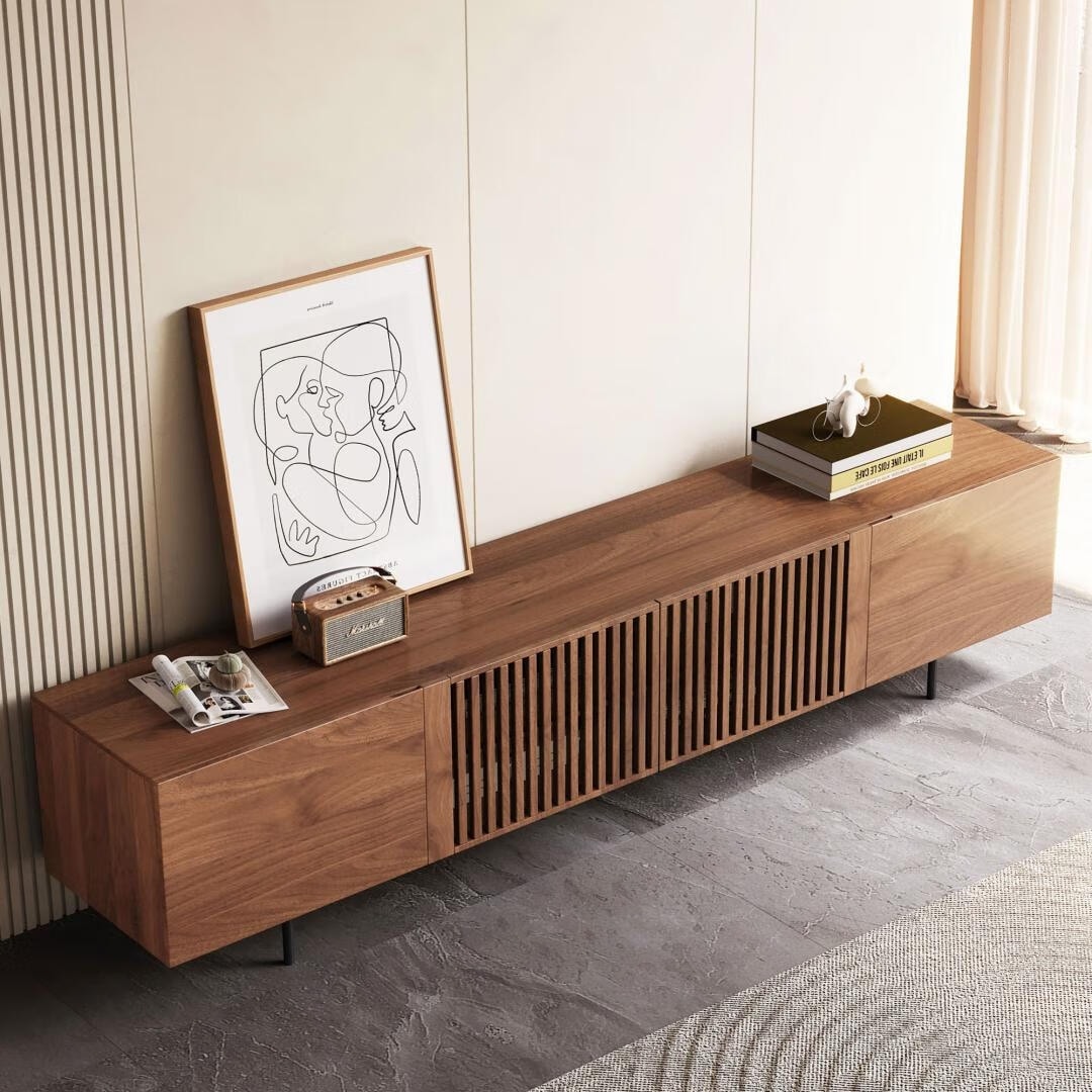 Meuble TV style Mid-Century Modern avec 4 portes et rangements, compatible avec les télévisions jusqu'à 100 pouces, meuble de salon pour système multimédia.