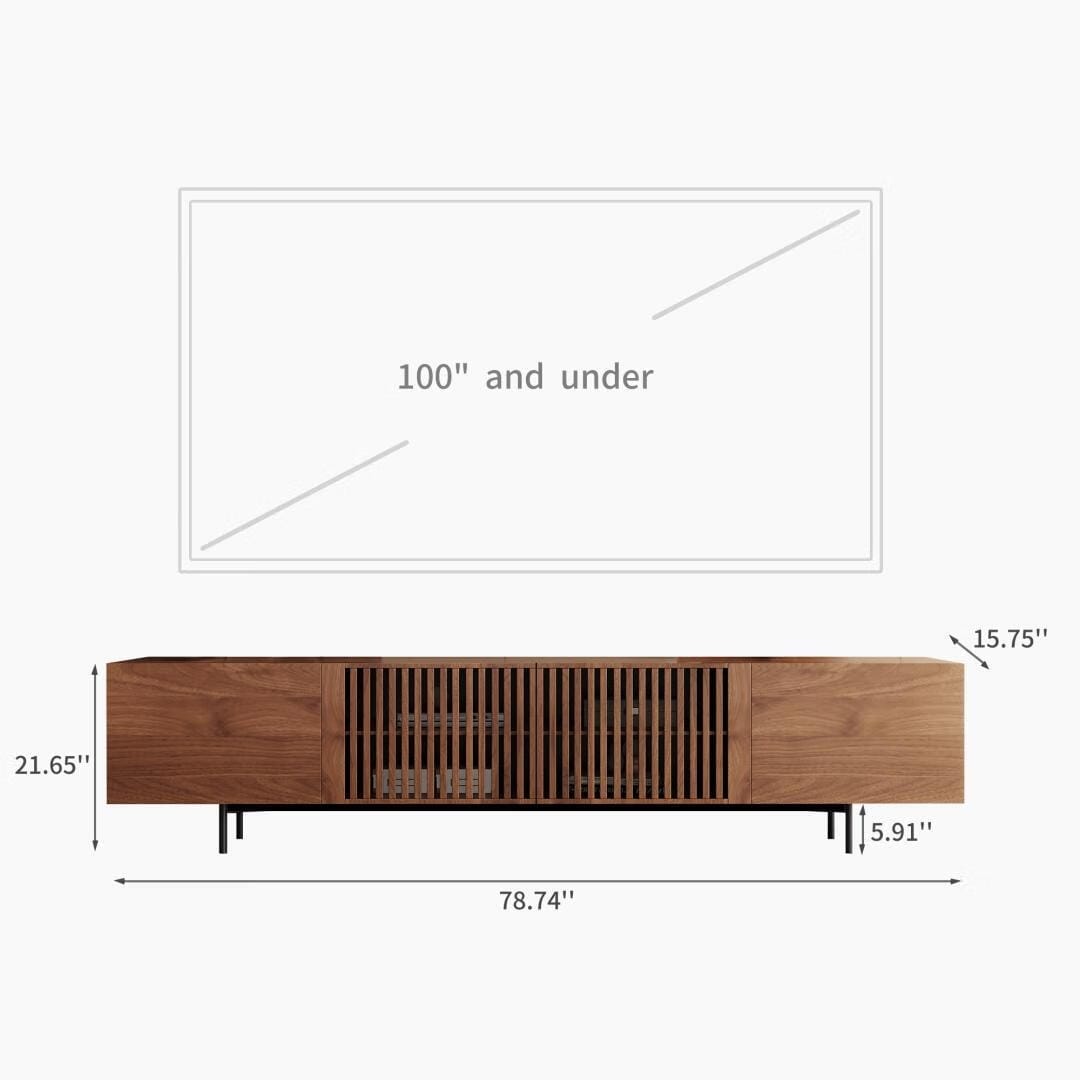 Meuble TV style Mid-Century Modern avec 4 portes et rangements, compatible avec les télévisions jusqu'à 100 pouces, meuble de salon pour système multimédia.