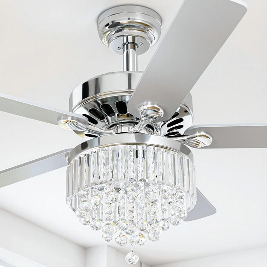 Ventilateur de plafond avec lustre en cristal à 52 pouces, 5 pales en bois et télécommande