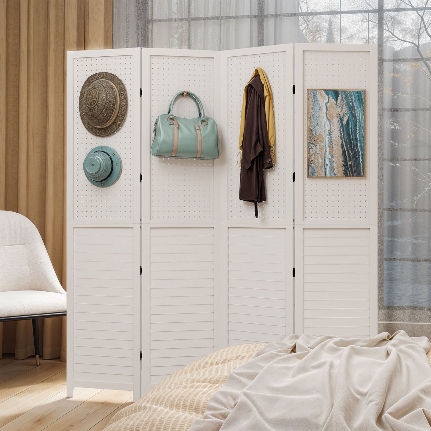 Paravent de séparation en bois Moasis 67 blanc à 4 panneaux