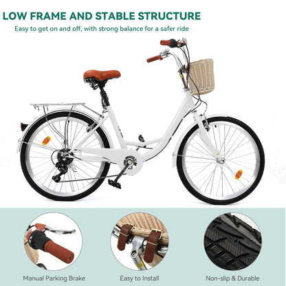 Moasis24/26 Vélo Cruiser 7 vitesses, vélo à pas réglable, vélo de ville, vélo à bicyclette