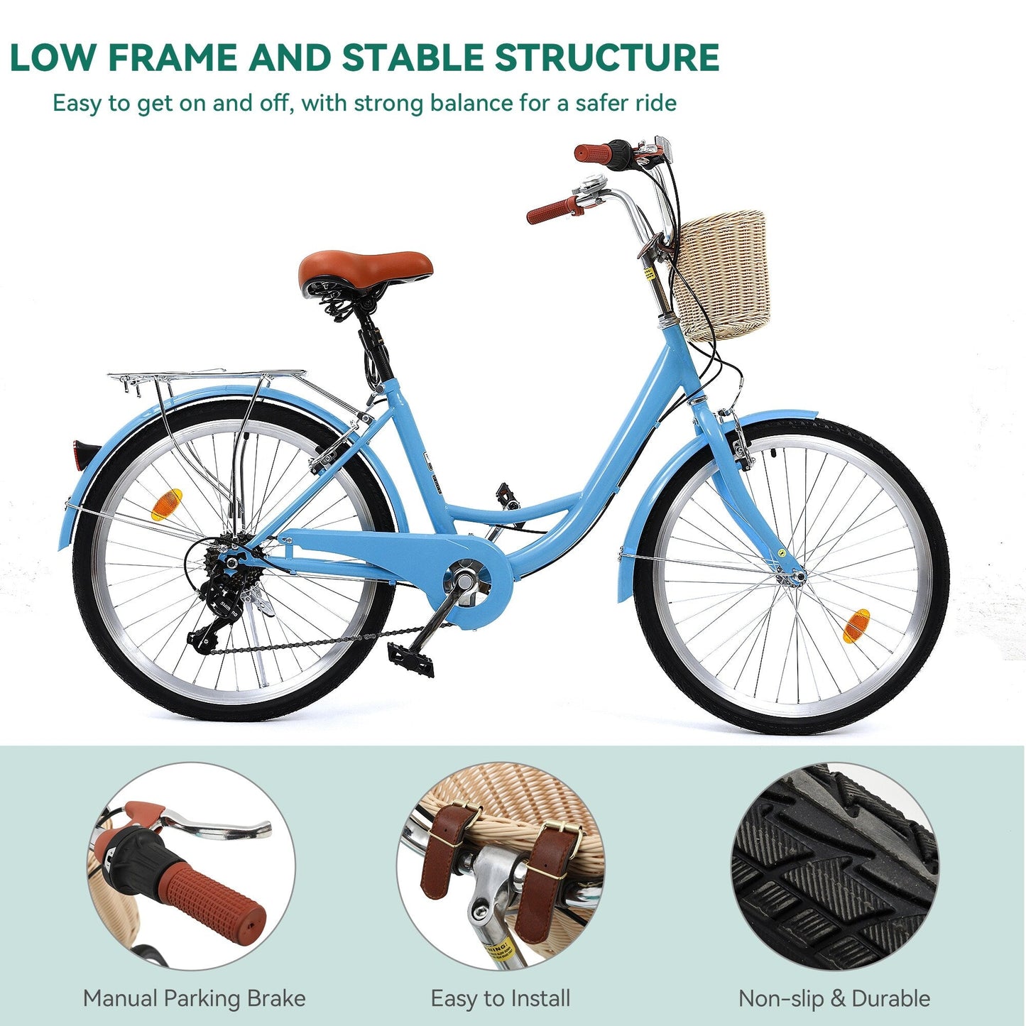 Moasis24/26 Vélo Cruiser 7 vitesses, vélo à pas réglable, vélo de ville, vélo à bicyclette