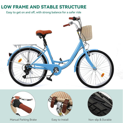Moasis24/26 Vélo Cruiser 7 vitesses, vélo à pas réglable, vélo de ville, vélo à bicyclette
