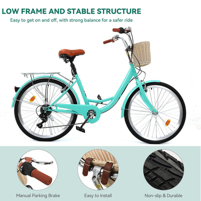 Moasis24/26 Vélo Cruiser 7 vitesses, vélo à pas réglable, vélo de ville, vélo à bicyclette