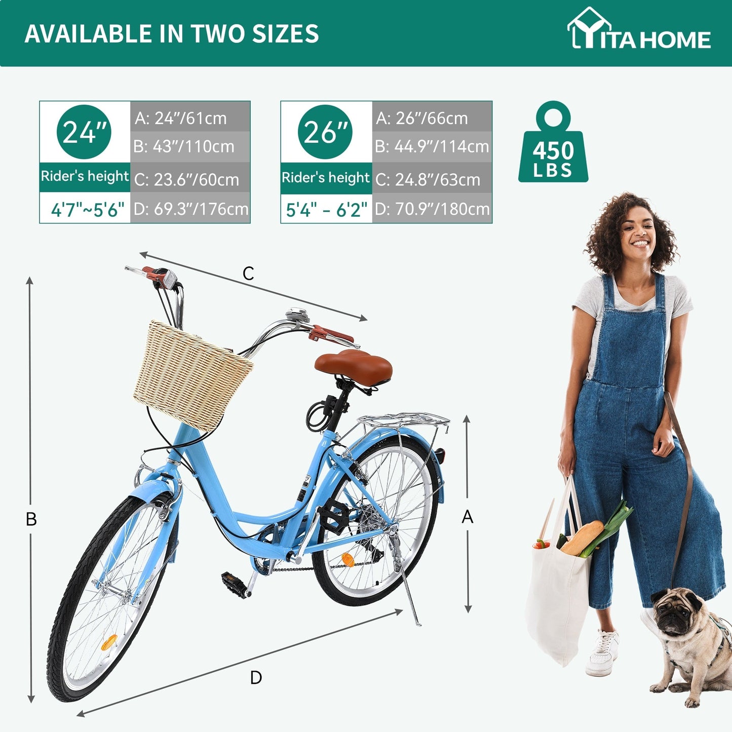 Moasis24/26 Vélo Cruiser 7 vitesses, vélo à pas réglable, vélo de ville, vélo à bicyclette