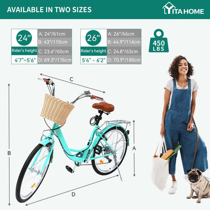 Moasis24/26 Vélo Cruiser 7 vitesses, vélo à pas réglable, vélo de ville, vélo à bicyclette