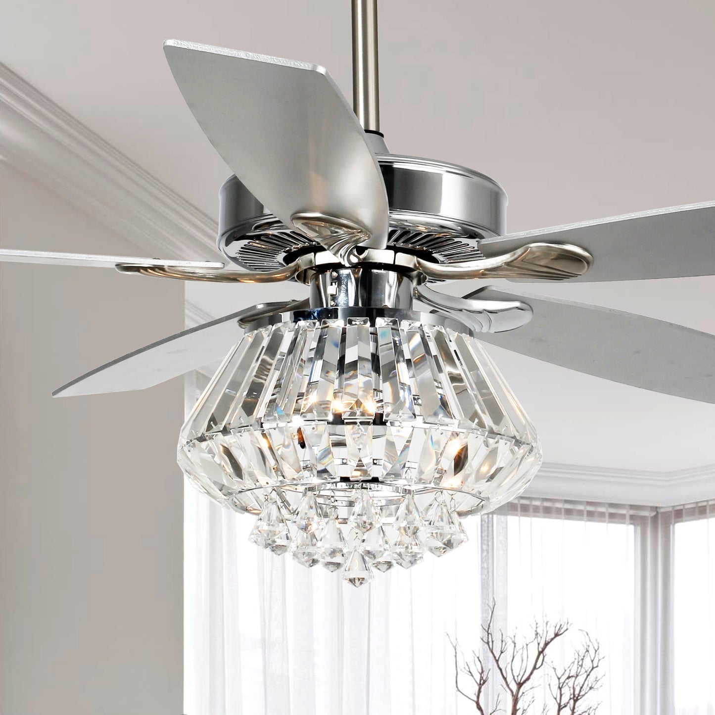 Ventilateur de plafond à lustre en cristal chromé moderne de 52 pouces avec télécommande