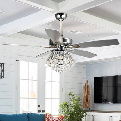 Ventilateur de plafond à lustre en cristal chromé moderne de 52 pouces avec télécommande