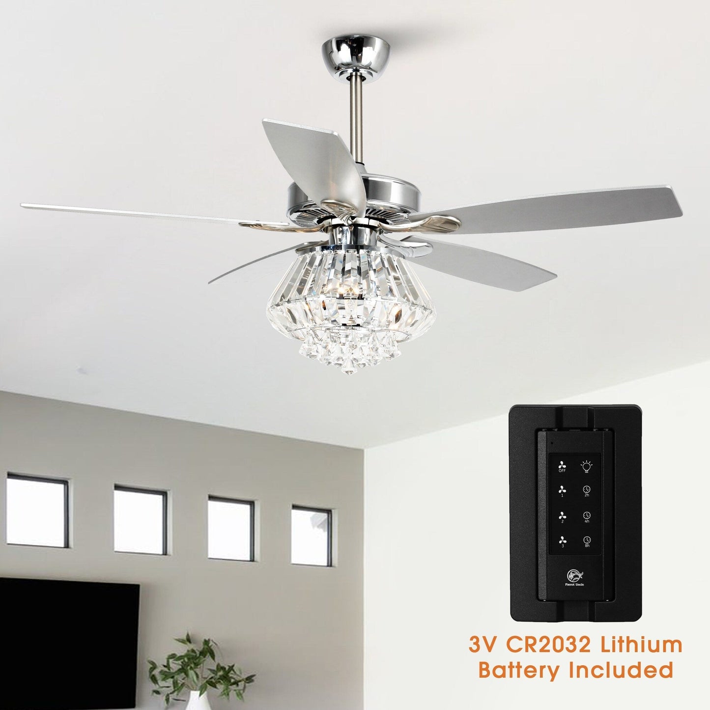Ventilateur de plafond à lustre en cristal chromé moderne de 52 pouces avec télécommande