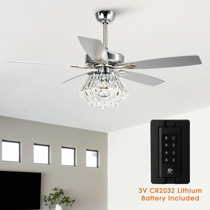 Ventilateur de plafond à lustre en cristal chromé moderne de 52 pouces avec télécommande