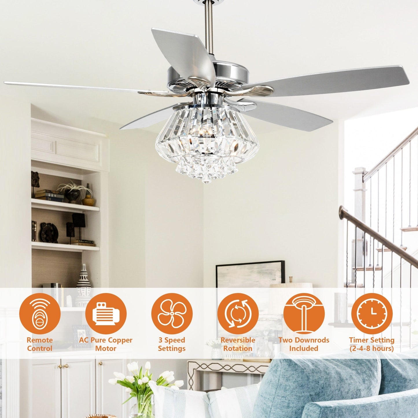 Ventilateur de plafond à lustre en cristal chromé moderne de 52 pouces avec télécommande