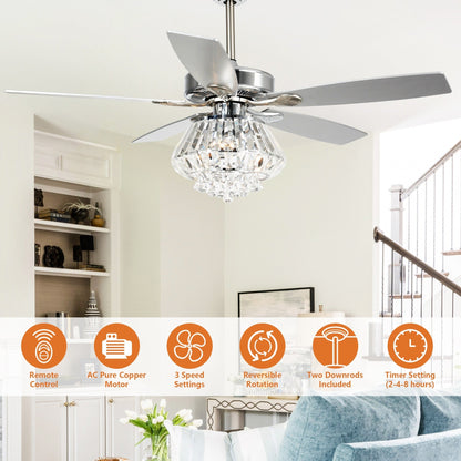 Ventilateur de plafond à lustre en cristal chromé moderne de 52 pouces avec télécommande