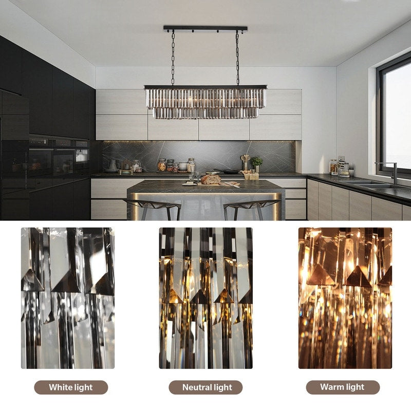 Luminaire suspendu à 2 niveaux pour îlot de cuisine, salle à manger, style moderne et contemporain, en cristal gris fumé et noir, 47 po.