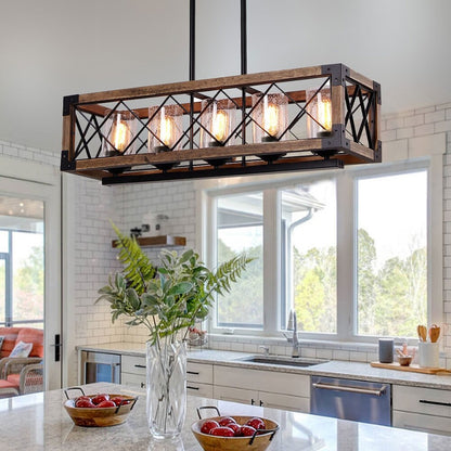 Luminaire suspendu rectangulaire en bois à 5 lumières, style ferme moderne, avec verre dépoli, pour îlot de cuisine, salle à manger - 80 L x 22,2 W x 20,3 H (cm)