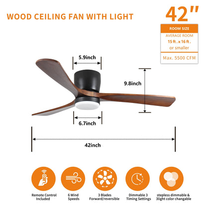 Ventilateurs de plafond à suspension moderne avec éclairage LED dimmable et télécommande, ventilateurs de plafond réversibles de 42 pouces pour salon, noir.