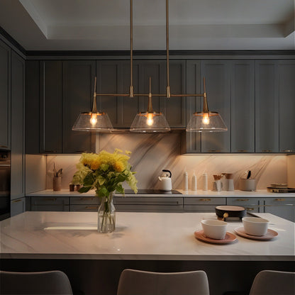 Luminaire suspendu linéaire à 3 lumières en verre dépoli, style moderne, couleur or, pour salle à manger.