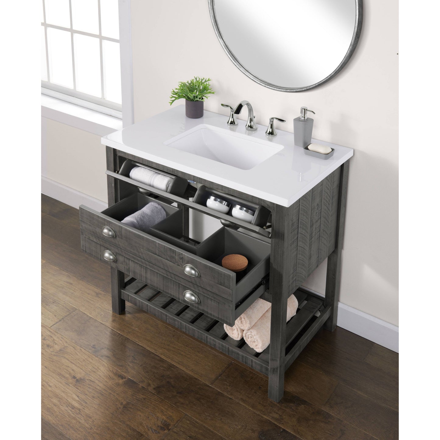 Meuble-lavabo de salle de bain simple Monterey 37 de style farmhouse avec plan de travail