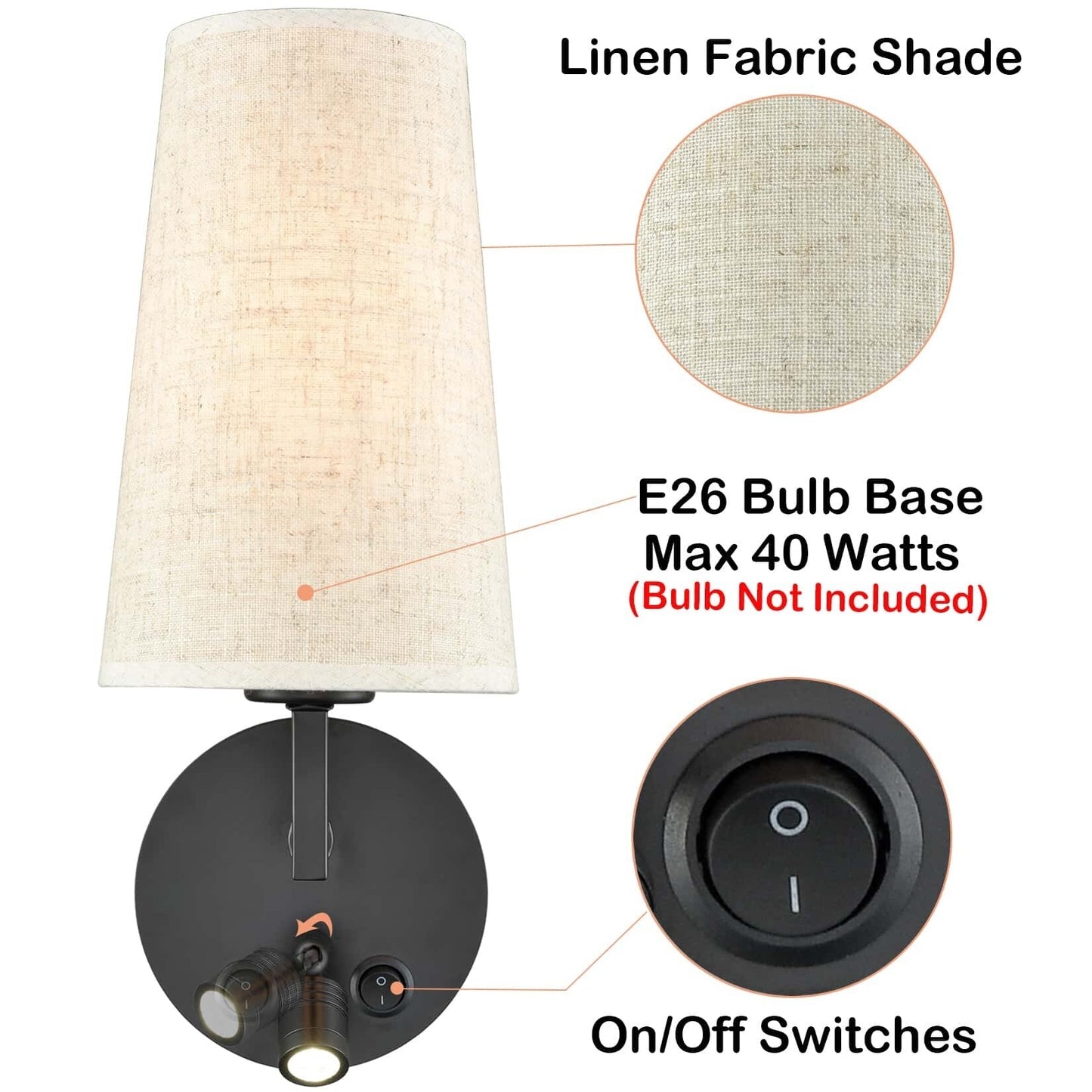 Ensemble de 2 appliques murales Morbihan, lampes murales en tissu avec port USB et interrupteur.
