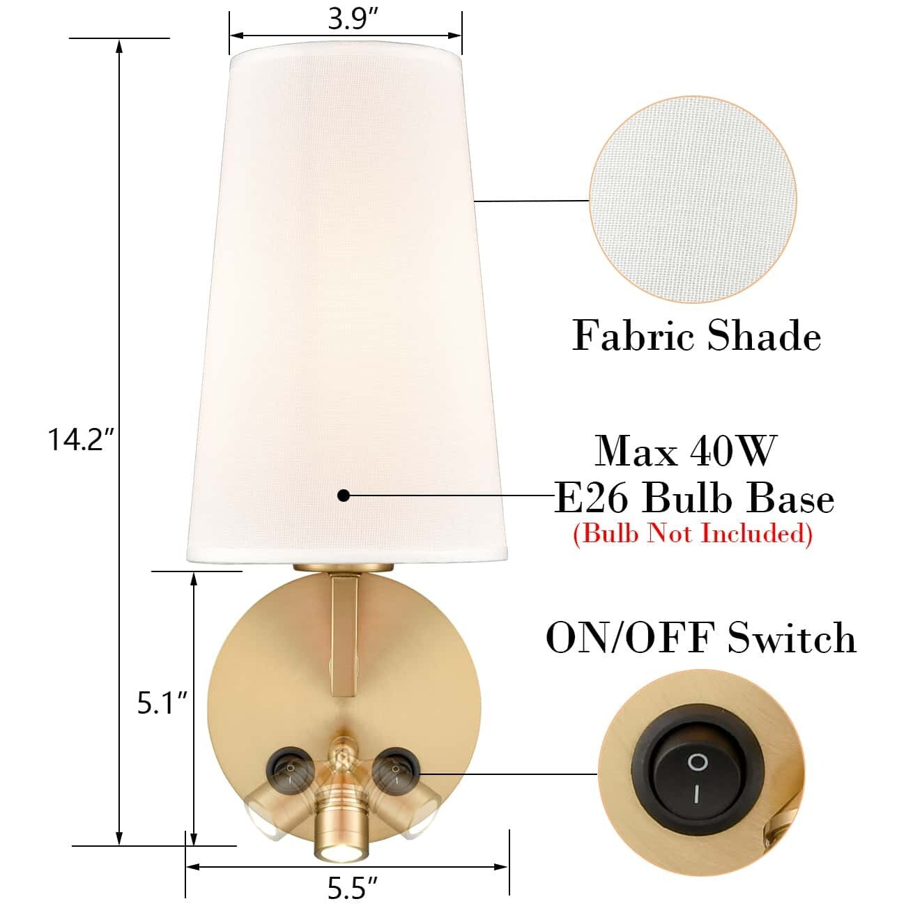 Ensemble de 2 appliques murales Morbihan, lampes murales en tissu avec port USB et interrupteur.