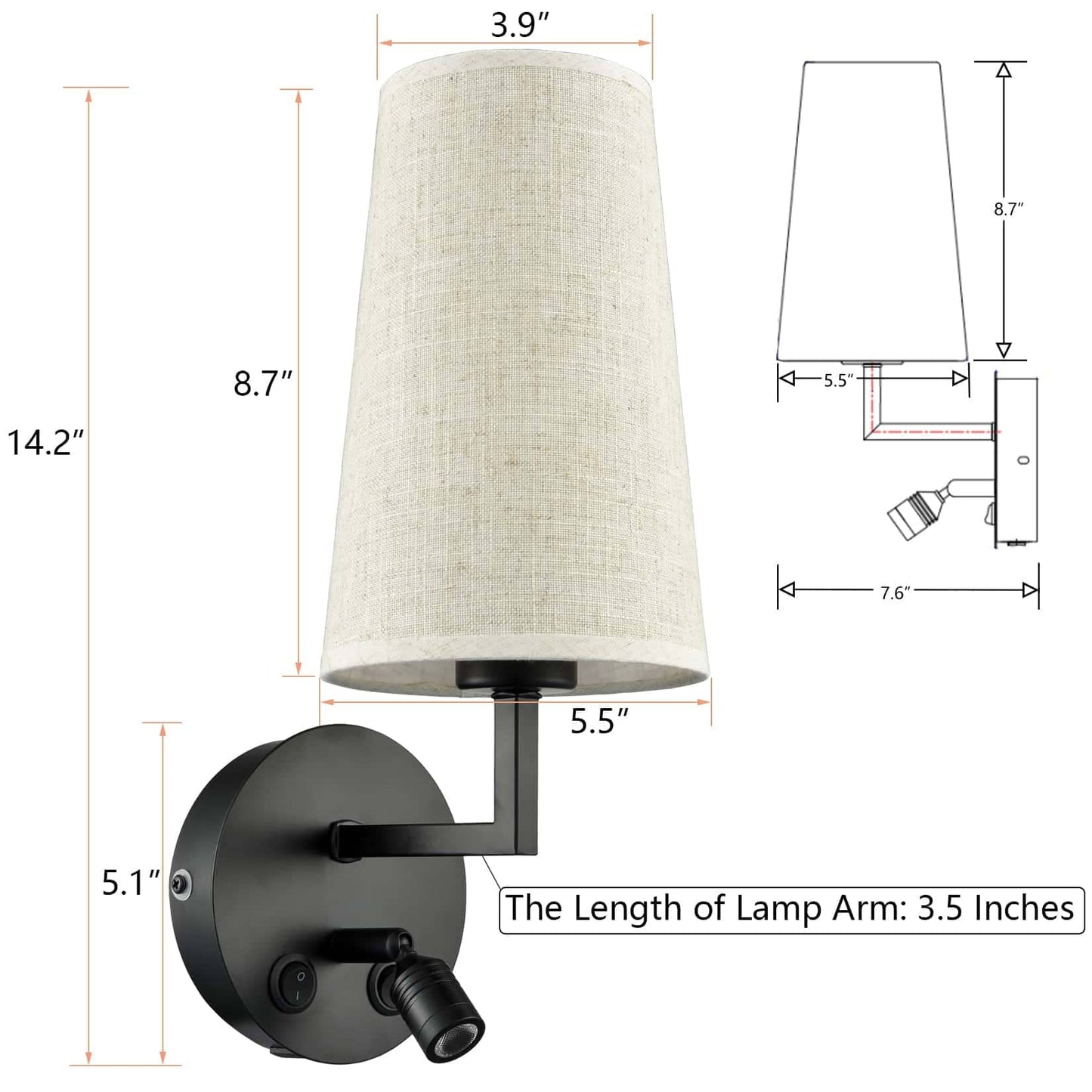 Ensemble de 2 appliques murales Morbihan, lampes murales en tissu avec port USB et interrupteur.