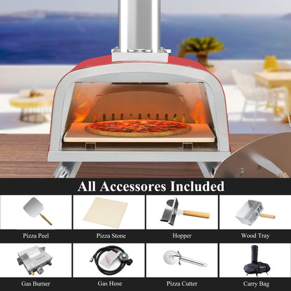 Four à pizza extérieur multi-combustible, cuiseur à pizza sur pierre avec brûleur à gaz et foyer à bois - 12 pouces