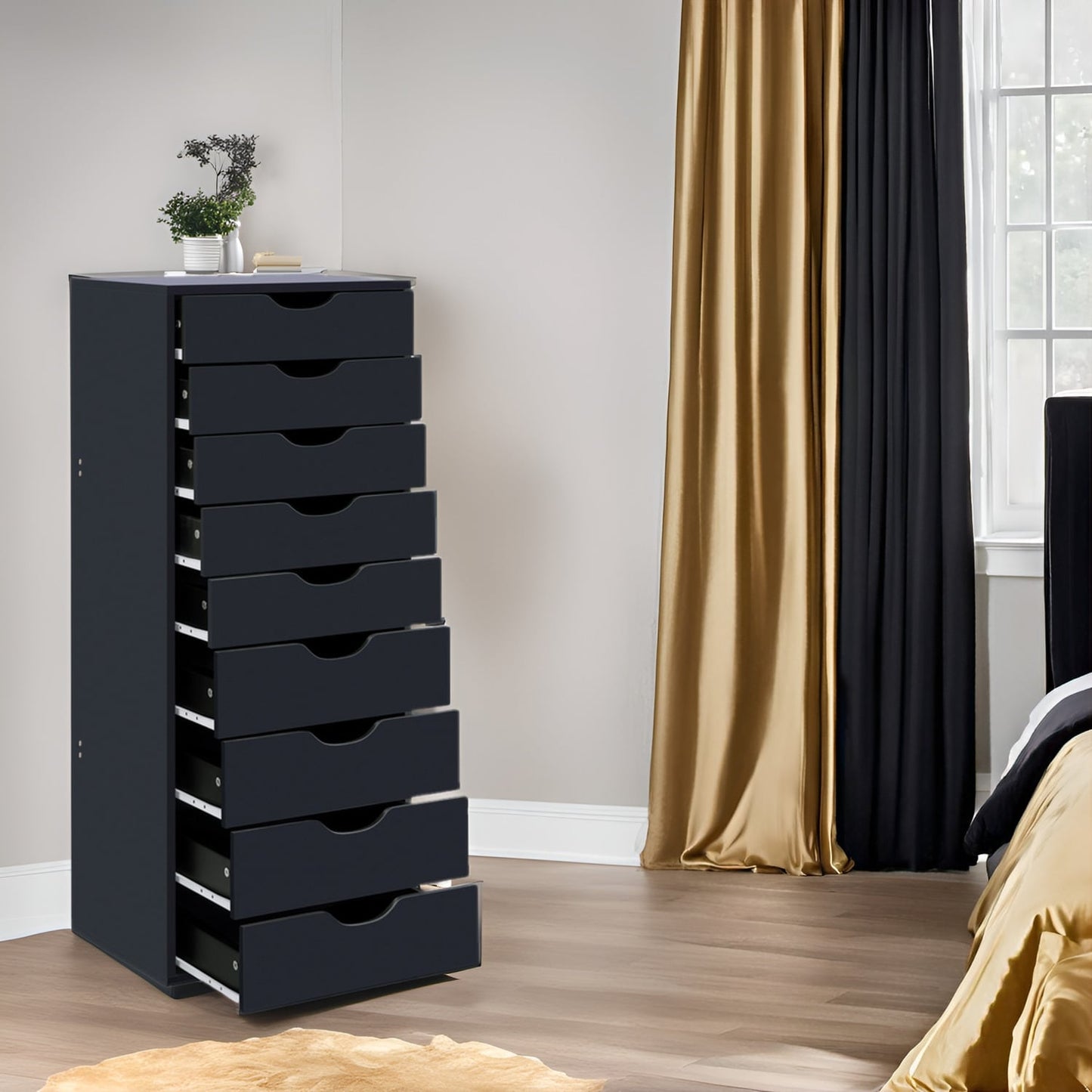 Armoire étroite en bois à 9 tiroirs avec coulisses à glissement fluide et étagère de rangement supérieure.