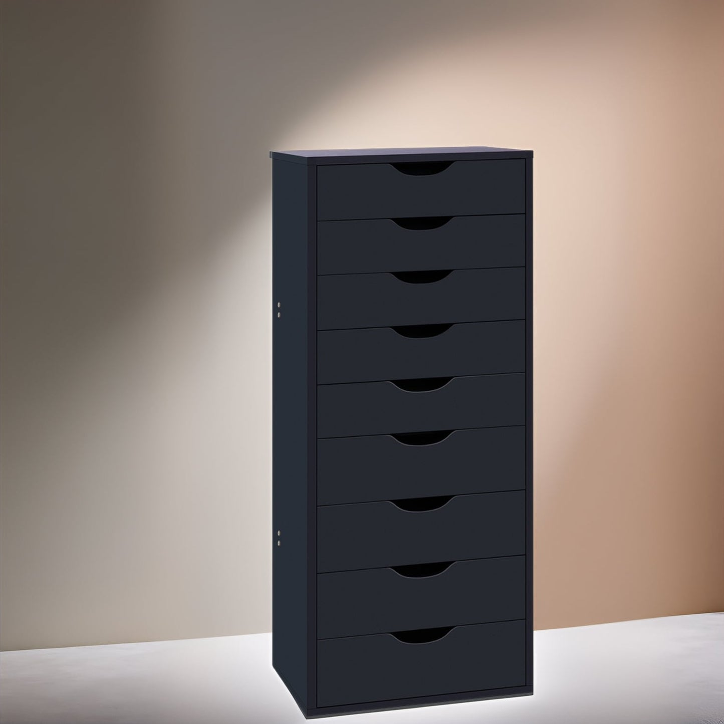 Armoire étroite en bois à 9 tiroirs avec coulisses à glissement fluide et étagère de rangement supérieure.