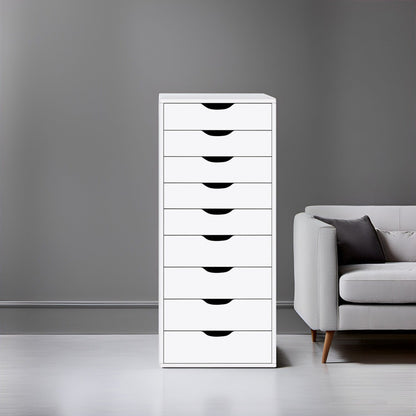 Armoire étroite en bois à 9 tiroirs avec coulisses à glissement fluide et étagère de rangement supérieure.