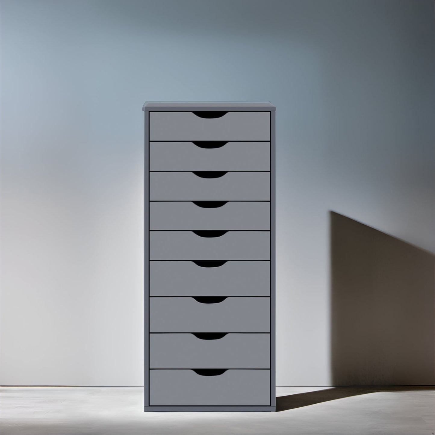 Armoire étroite en bois à 9 tiroirs avec coulisses à glissement fluide et étagère de rangement supérieure.