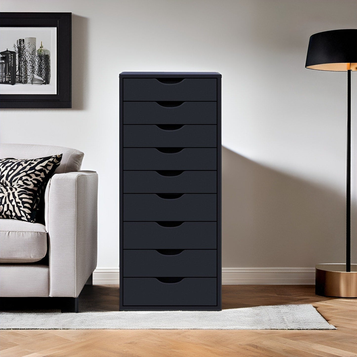 Armoire étroite en bois à 9 tiroirs avec coulisses à glissement fluide et étagère de rangement supérieure.