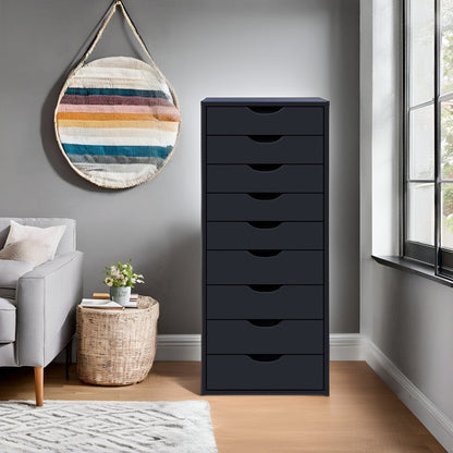 Armoire étroite en bois à 9 tiroirs avec coulisses à glissement fluide et étagère de rangement supérieure.