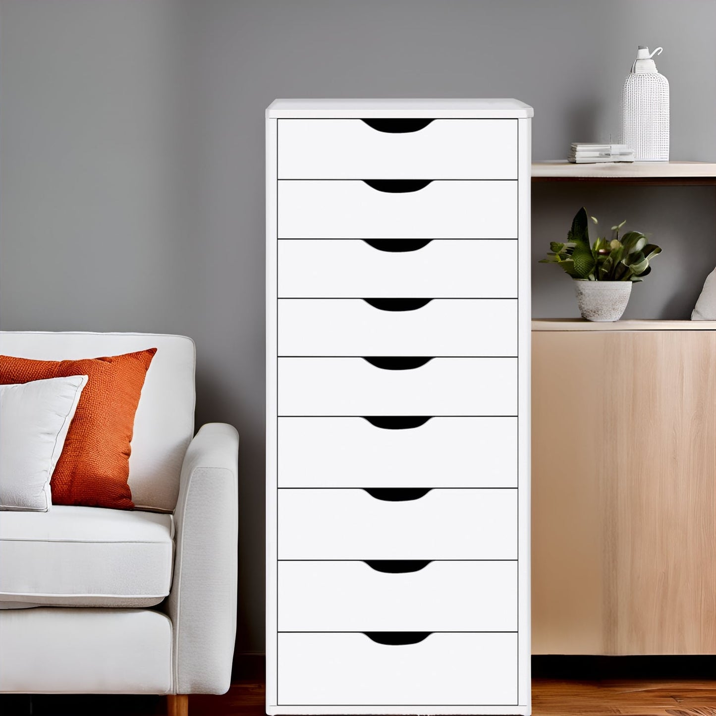 Armoire étroite en bois à 9 tiroirs avec coulisses à glissement fluide et étagère de rangement supérieure.