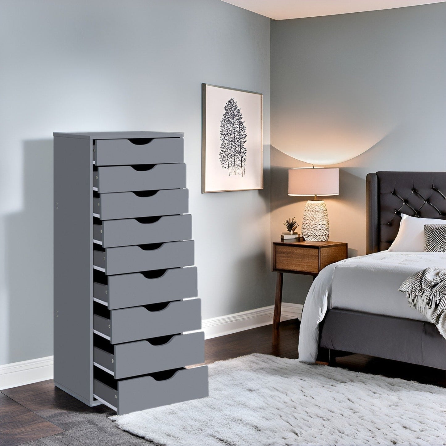 Armoire étroite en bois à 9 tiroirs avec coulisses à glissement fluide et étagère de rangement supérieure.