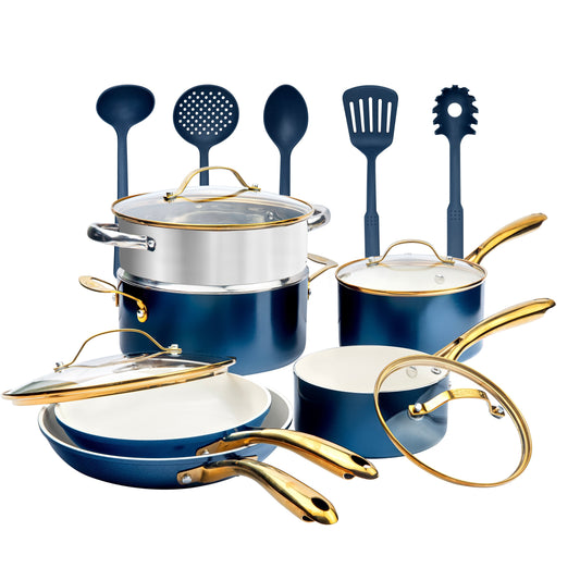 Ensemble de casseroles et poêles Gotham Steel Natural Collection, 15 pièces, revêtement céramique antiadhésif haute performance, couleur marine.