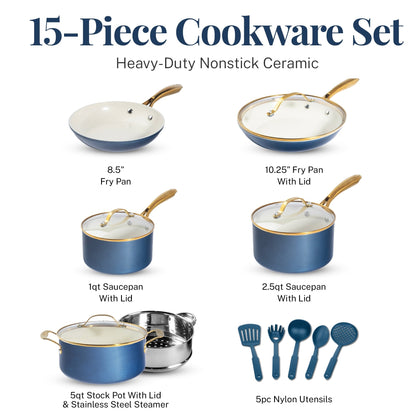 Ensemble de casseroles et poêles Gotham Steel Natural Collection, 15 pièces, revêtement céramique antiadhésif haute performance, couleur marine.