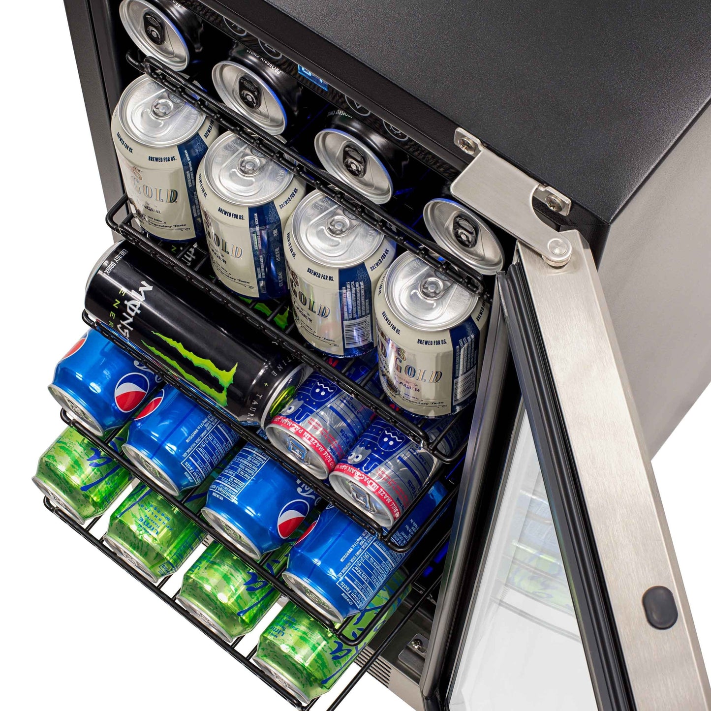 Réfrigérateur à boissons Newair 15 pouces encastrable, capacité de 96 canettes, en acier inoxydable, avec commandes de température et étagères réglables.