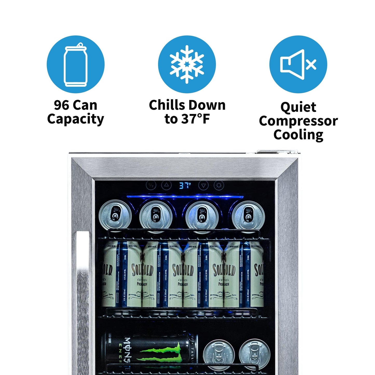Réfrigérateur à boissons Newair 15 pouces encastrable, capacité de 96 canettes, en acier inoxydable, avec commandes de température et étagères réglables.
