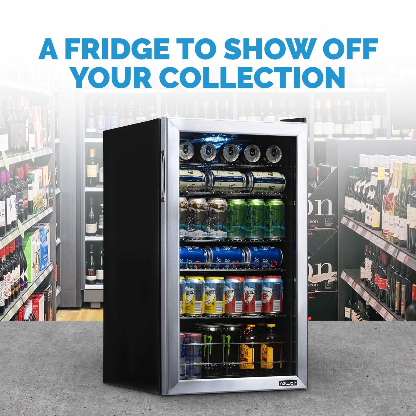 Réfrigérateur à boissons Newair, capacité de 126 canettes, mini réfrigérateur avec porte en verre et étagères réglables, en acier inoxydable