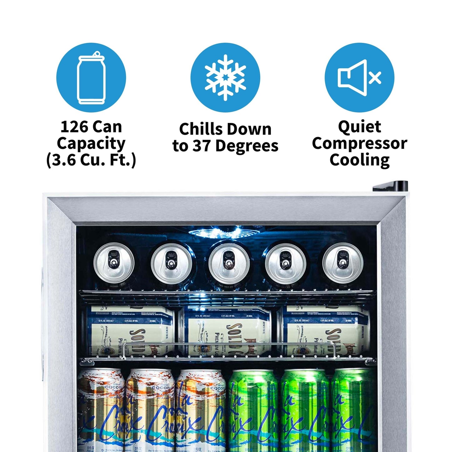 Réfrigérateur à boissons Newair, capacité de 126 canettes, mini réfrigérateur avec porte en verre et étagères réglables, en acier inoxydable