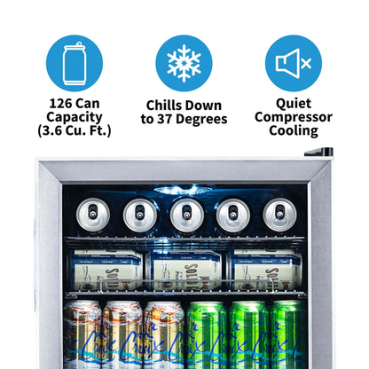 Réfrigérateur à boissons Newair, capacité de 126 canettes, mini réfrigérateur avec porte en verre et étagères réglables, en acier inoxydable