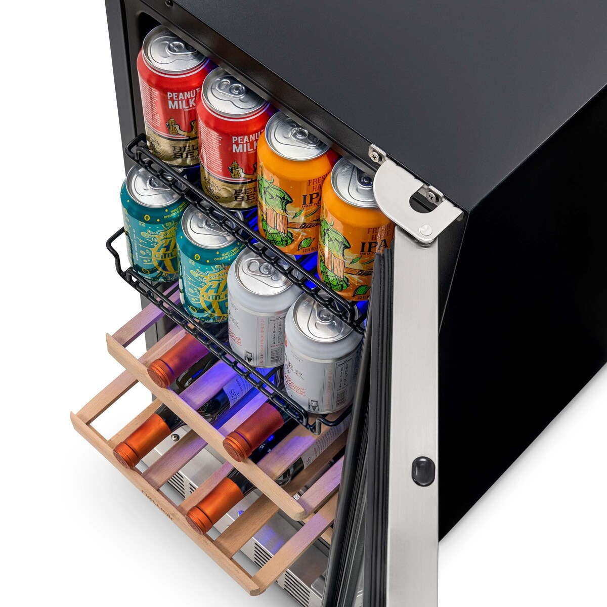 Réfrigérateur à vin et à boissons encastrable NewAir SplitShelf pour 9 bouteilles de vin et 48 canettes, en acier inoxydable.