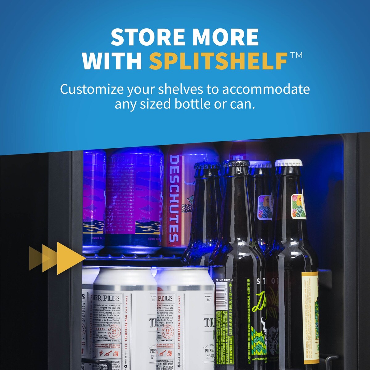Réfrigérateur à vin et à boissons encastrable NewAir SplitShelf pour 9 bouteilles de vin et 48 canettes, en acier inoxydable.