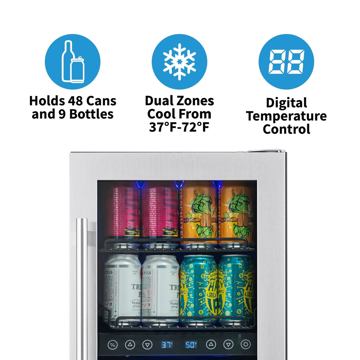Réfrigérateur à vin et à boissons encastrable NewAir SplitShelf pour 9 bouteilles de vin et 48 canettes, en acier inoxydable.