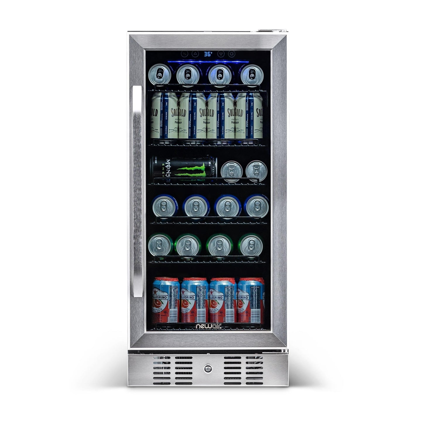 Réfrigérateur à boissons Newair 15 pouces encastrable, capacité de 96 canettes, en acier inoxydable, avec commandes de température et étagères réglables.
